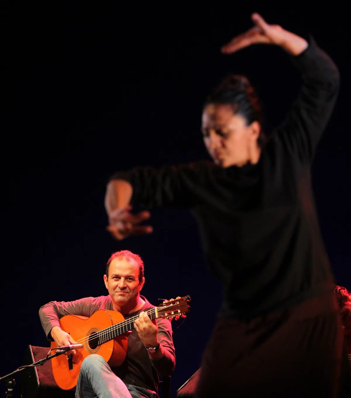 A flamenco dancer in black with one arm raised, and a guitarist seated beside her, on a dark stage